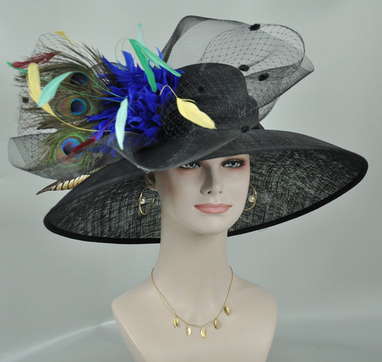 Church Kentucky Derby Hat Carriage Tea Party Wedding Wide Brim Woman’s Sinamay Hat Black w Royal Blue Flower Peacock Feathers