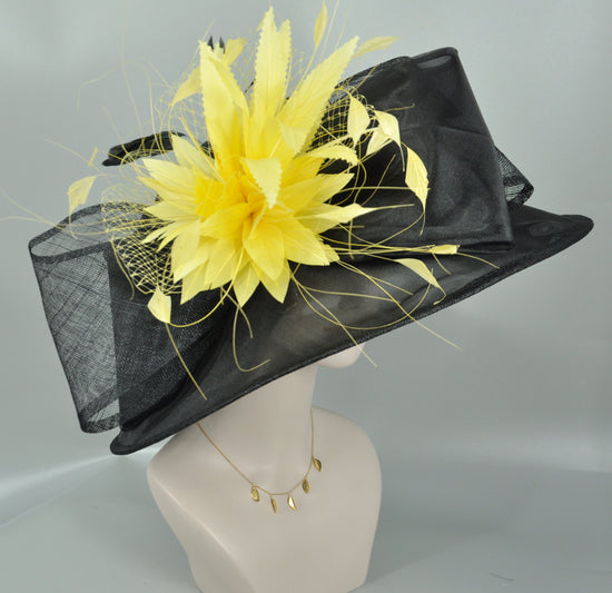 Black+Yellow Feather  Flower( More color options)  Kentucky Derby Hat Church,Wedding  Eastern Tea Party Hat Wide Brim Sinamay  Organza  Hat