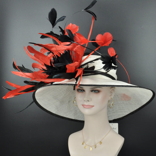 White w Red Black Kentucky Derby Hat, Church Hat, Wedding Hat, Easter Hat, Tea Party Hat Wide Brim Royal Ascot Horse Race Oaks day hat