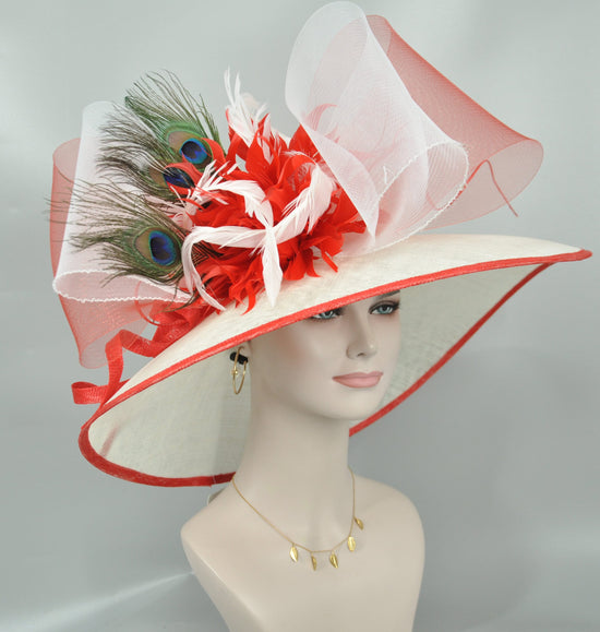 Church Kentucky Derby Hat  Carriage Tea Party Wedding Wide Brim  Royal Ascot Hat in Solid Sinamay Hat White w Red Color Feathers
