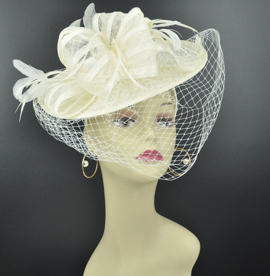 Sinamay Disc Fascinator Hat with Feathers and Netting Ivory Kentucky Derby Party Eastern Church Wedding Tea Party Cocktail Hat