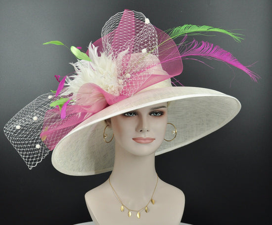 Church Kentucky Derby Hat   Tea Party Wedding Wide Brim  Royal Ascot Hat in Solid Sinamay Hat Ivory/Off White and  Hot Pink w Green