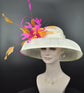 Audrey Hepburn Style Dome Hat Kentucky Derby Hat Tea Party Carriage Party  Wide Brim Sinamay Hat Ivory/Off White W Hot Pink Orange