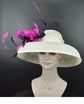 Audrey Hepburn Style Dome Hat Kentucky Derby Hat Tea Party Carriage Party  Wide Brim Sinamay Hat Ivory/Off White W Navy Blue Hot Pink