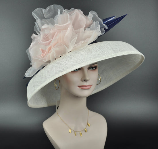 Audrey Hepburn Style Dome Hat Kentucky Derby Hat Tea Party Carriage Wide Brim Sinamay Hat White Navy Blue+Blush Pink Silk Flower