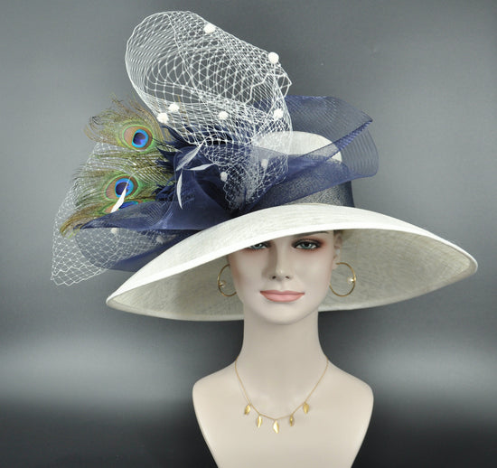 Church Kentucky Derby Hat Carriage Tea Party Wedding  Ivory/Off White with Navy Blue Peacock Feathers