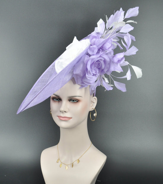 Lavender  w White Sinamay Disc Fascinator Hat with  Jumbo Silk and  Feather Flowers