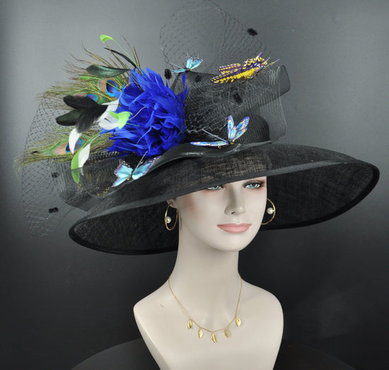 Black w Royal Blue Kentucky Derby Hat Wide Brim Sinamay Hat Colorful Butterflies order for you!! Design the hat according to your need!!!