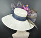 Church Kentucky Derby Hat Carriage Tea Party Wedding Wide Brim  Sinamay Hat Ivory/off White  with Colorful Feather Flower Peacock Feathers