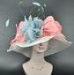 White Wide Brim Sinamay Hat Kentucky Derby Hat w Pink Silk Bows Powder Blue w Green Feather Flower Kentucky Derby Wedding Hat, Easter Hat