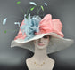 White Wide Brim Sinamay Hat Kentucky Derby Hat w Pink Silk Bows Powder Blue w Green Feather Flower Kentucky Derby Wedding Hat, Easter Hat