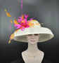 Audrey Hepburn Style Dome Hat Kentucky Derby Hat Tea Party Carriage Party  Wide Brim Sinamay Hat Ivory/Off White W Hot Pink Orange