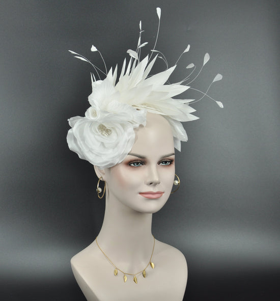 White  Silk Flower with Goose and Rooster Feather Flowers Fascinator Hat  Made On A Same Color Headband