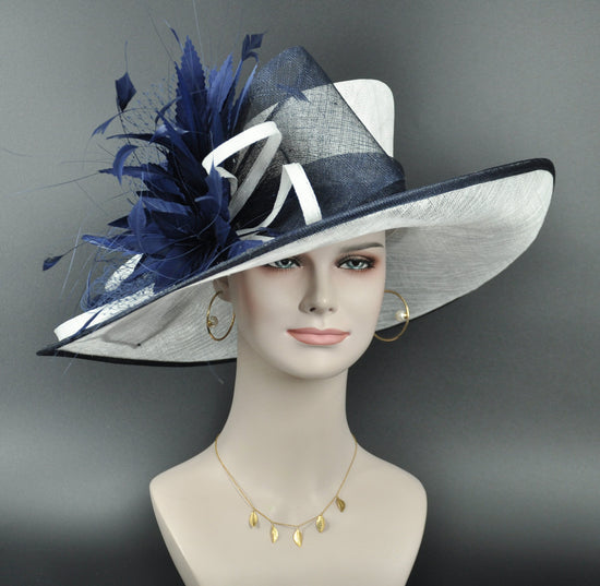 White w Navy Blue Feather Flower  Kentucky Derby Hat Tea Party Carriage Party
