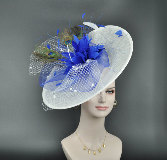 White with Roayl Blue Sinamay Disc Fascinator Hat with  Jumbo  Feather Flowers, Pheasant Feathers, Peacock Eye Feathers, Kenucky Derby