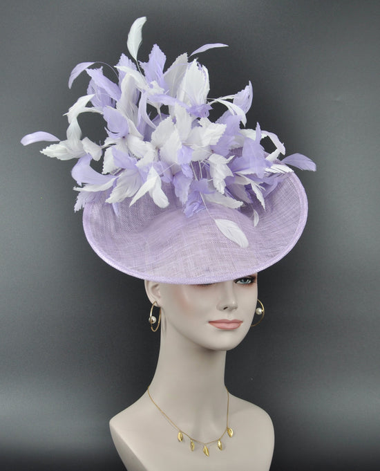Lilac /Lavender w White  Sinamay Disc Fascinator Hat with  Jumbo Goose Feather Flower and Silk Flower