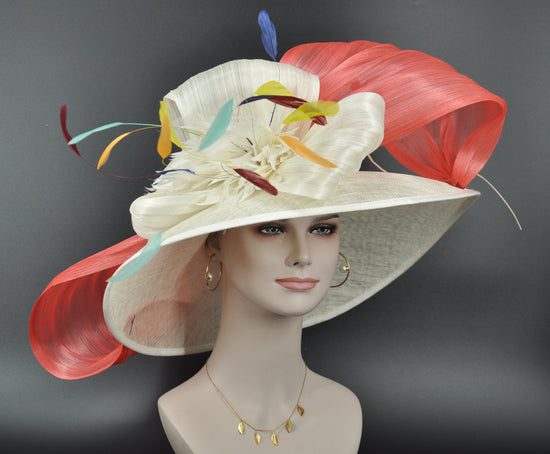 Church Kentucky Derby Hat Wide Brim Sinamay Hat  Carriage Tea Party Wedding  Ivory/off white w Huge Coral Pink Silk Abaca Bows, Quills