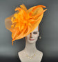 Orange  Sinamay Disc Fascinator Hat with  Jumbo   Feather Flowers