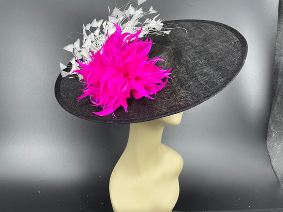 Large Brim Sinamay Fascinator  Hat for  Kentucky Derby Hat Millinery  Round Shape 18.5 Diameter, hold by elastic Black w White Fuchsia