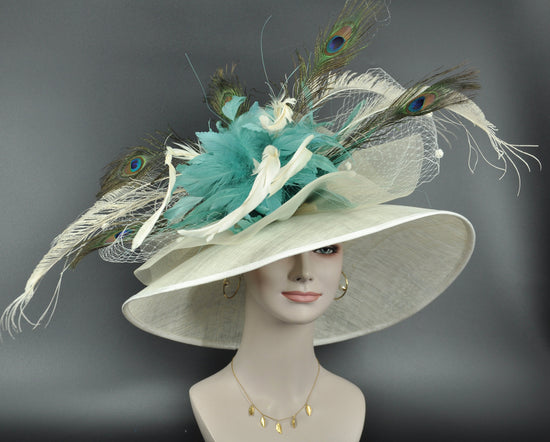 Ivory w Turquoise Feather Flowers  Peacock Feathers  Kentucky Derby Hat Tea Party Carriage Party  Royal AscotWide Brim  Sinamay Hat