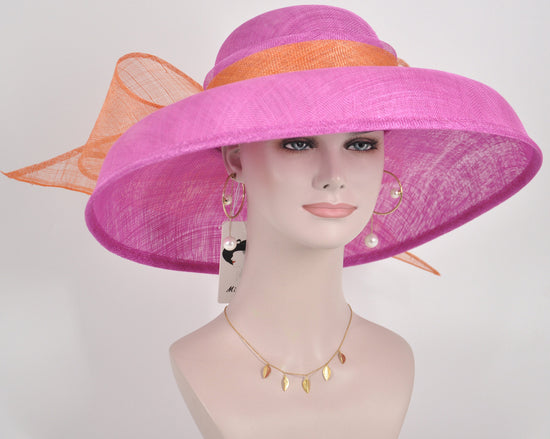 Audrey Hepburn Style Dome Hat Kentucky Derby Hat Tea Party Carriage Party 3 Layers Wide Brim Sinamay Hat Hot Pink w Orange Big Ribbon