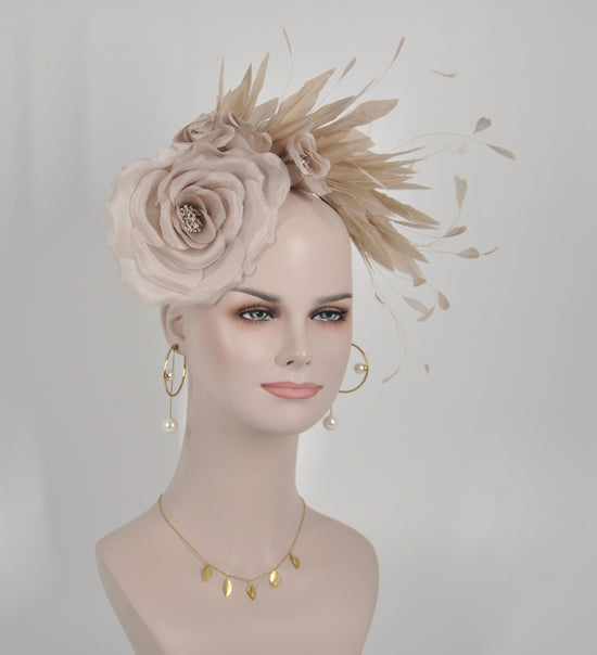 Champagne  Silk Flower with Goose and Rooster Feather Flowers Fascinator Hat  Made On A Same Color Headband