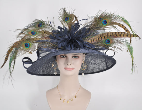 Church Kentucky Derby Hat Carriage Tea Party Wedding Wide Brim Sinamay Hat W Peacock  Pheasant Feather Flower and Sinamay Bows Navy Blue