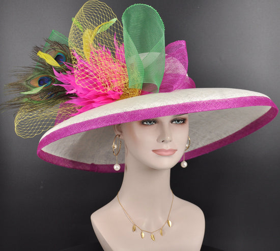 White W Hot Pink Green Yellow big Bows Jumbo Feahter Flower Kentucky Derby Hat Tea Party Carriage Party Wide Brim  Sinamay Hat