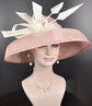 Audrey Hepburn Style Dome Hat Kentucky Derby Hat Tea Party Carriage Party 3 Layers Wide Brim Sinamay Hat Blush Pink w Off White