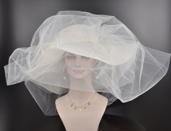 White Kentucky Derby Hat, Church Hat, Wedding Hat, Easter Hat, Tea Party Hat Wide Brim  Sinamay  Hat w Veil Design