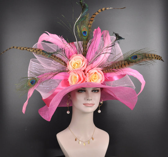 Hot Pink Light Pink Yellow Silk Peacock Pheasant Feahters Kentucky Derby Hat, Church  Wedding Hat, Easter ,Tea Party Wide Brim Sinamay  Hat
