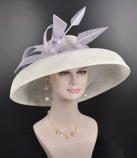 Audrey Hepburn Style Dome Hat Kentucky Derby Hat Tea Party Carriage Party 3 Layers Wide Brim Sinamay Hat White w Lilac