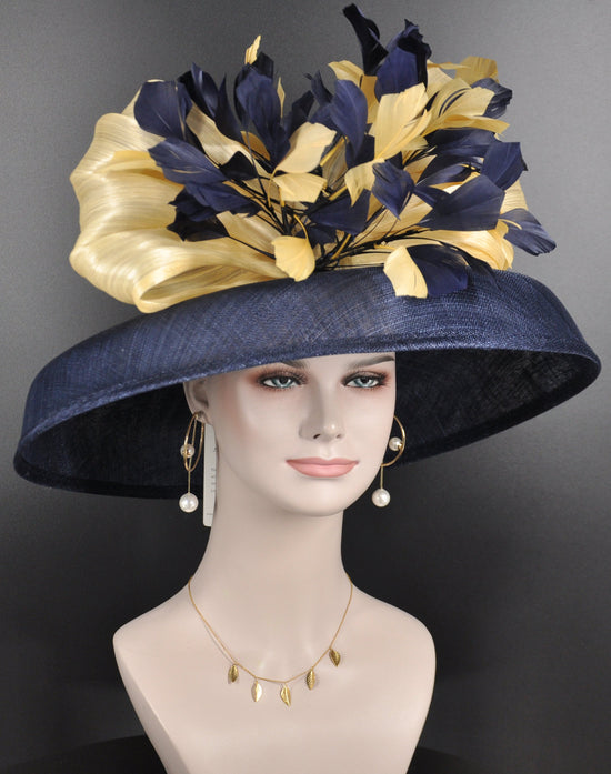 Audrey Hepburn Style Dome Hat Kentucky Derby Hat Tea Party Carriage Party 3 Layers Wide Brim Sinamay Hat Navy blue W Gold Silk Abaca Bow