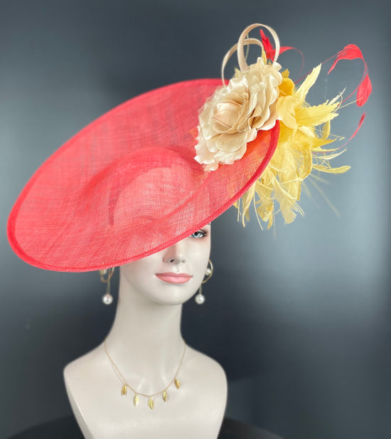Red Sinamay Fascinator Hat with Champagne Silk Gold Feather Flowers( More colors Options) For Kentucky Derby Wedding Tea Mother of Bride