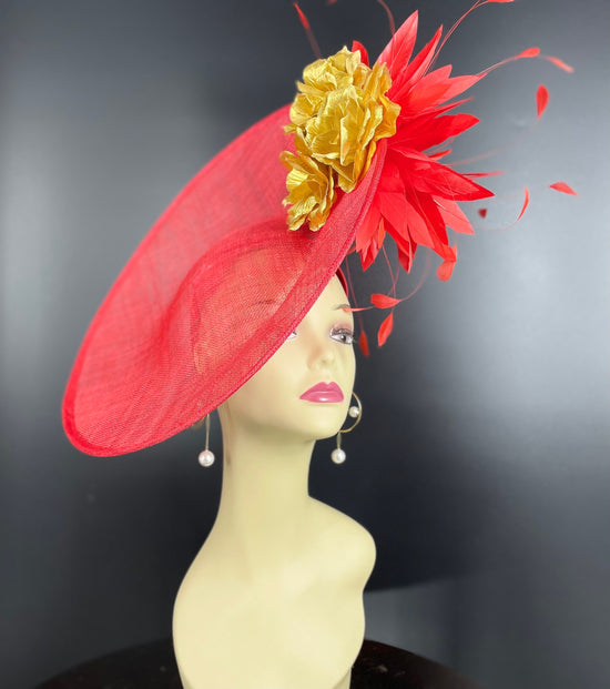 Red Sinamay  Fascinator Hat w Gold Fabric Flower Red Feather Flowers( More colors Options) For Kentucky Derby Wedding Tea Mother of Bride