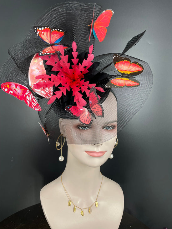 Kentucky Derby Hat  Wedding Feather w Butterflies  Floral Organza w Sinamay Headband Fascinator Hat Cocktail  Black w Red Feather Flower