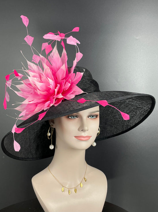 Black w Fuchsia Hot Pink and Pink Feather Flower Kentucky Derby Hat Tea Party Carriage Party  Royal AscotWide Brim  Sinamay Hat