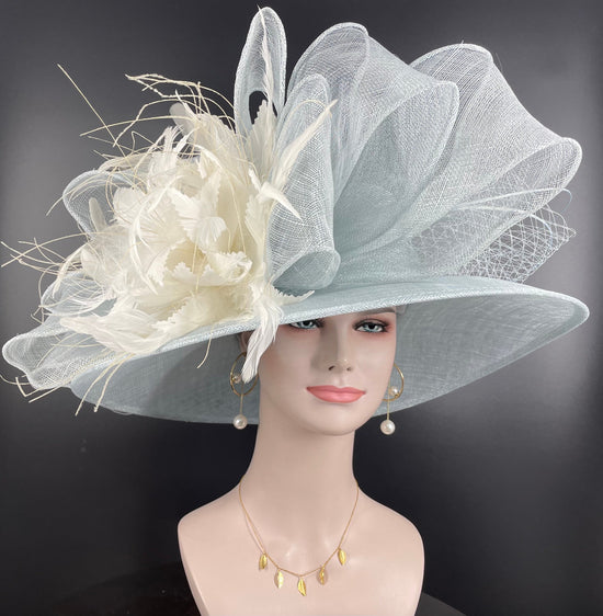 Powder Blue Ivory Wide Brim Sinamay Hat Church Kentucky Derby Hat Carriage Tea Party Wedding Hat Bows Feather Flower Ostrich Quills