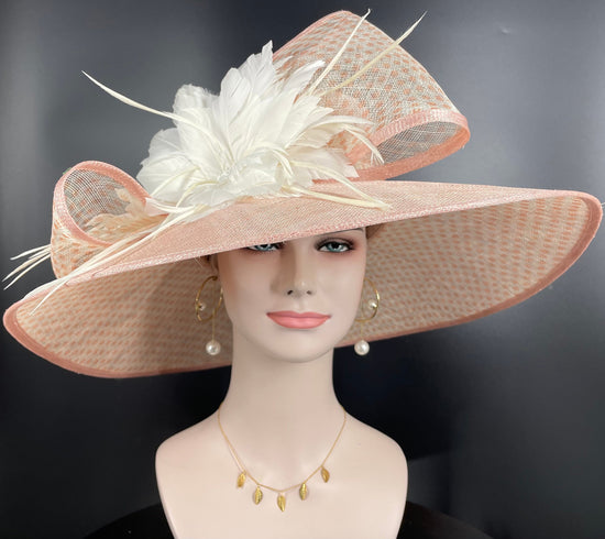 Blush Pink w Ivory Royal Ascot Horse Race Oaks day hat Carriage Tea Party Wedding Kentucky Derby Hat Party Hat