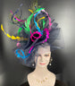 Kentucky Derby Hat Wedding Mother of Bride  Jumbo Fascinator Hat Cocktail Navy Blue Green Hot pink Lemon Yellow w Peacock Feathers