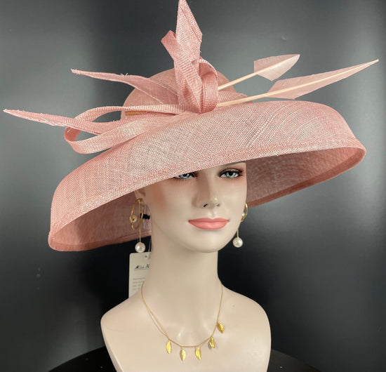 Audrey Hepburn Style Dome Hat Kentucky Derby Hat Tea Party Carriage Party 3 Layers Wide Brim Sinamay Hat Blush/Dusty Pink