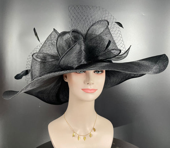 Oaks day hat Kentucky Derby Hat, Church Hat, Wedding Hat, Easter Hat, Tea Party Hat Wide Brim Sinamay Hat Carriage Hat Black