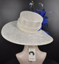 3 Layers Sinamay Hat Church Kentucky Derby Hat Carriage Tea Party Wedding Wide Brim  Sinamay Hat White w Royal Blue and Colorful Feathers