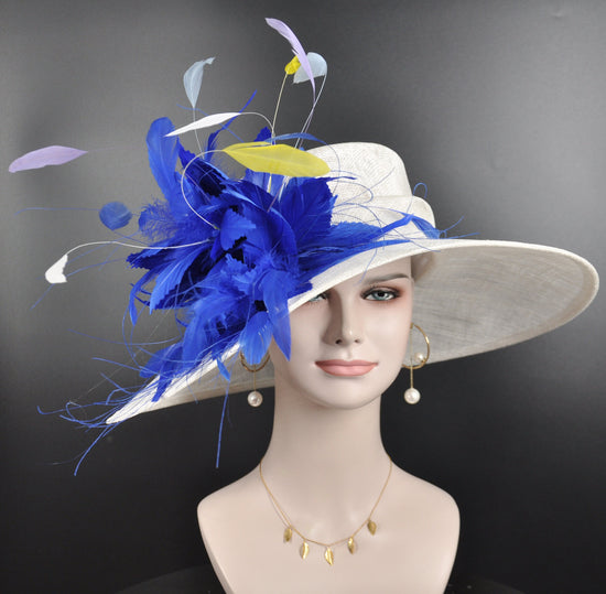3 Layers Sinamay Hat Church Kentucky Derby Hat Carriage Tea Party Wedding Wide Brim  Sinamay Hat White w Royal Blue and Colorful Feathers