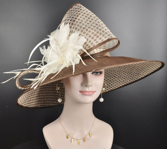 Brown w Ivory Royal Ascot Horse Race Oaks day hat Carriage Tea Party Wedding Kentucky Derby Hat Party Hat