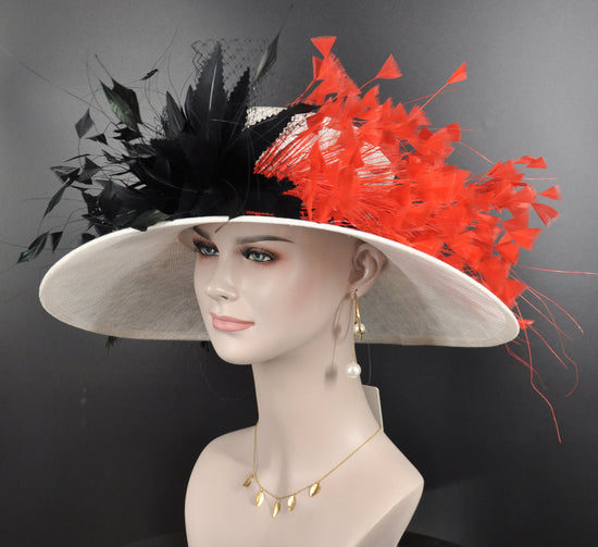 Church Kentucky Derby Hat Carriage Tea Party Wedding Wide Brim Sinamay Hat White w Black Red Royal Ascot Horse Race Oaks day hat