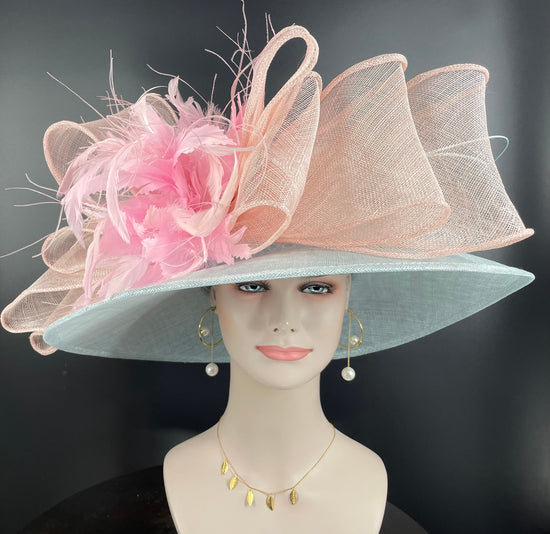 Powder Blue Peach  Pink Wide Brim Sinamay Hat Church Kentucky Derby Hat Carriage Tea Party Wedding Hat Bows Feather Flower Ostrich Quills