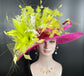 Hot Pink w Ivory lime Green Feather Flowers  Kentucky Derby Hat , Tea Party Carriage Party  3 Layers Wide Brim Sinamay Hat