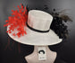 Church Kentucky Derby Hat Carriage Tea Party Wedding Wide Brim Sinamay Hat White w Black Red Royal Ascot Horse Race Oaks day hat