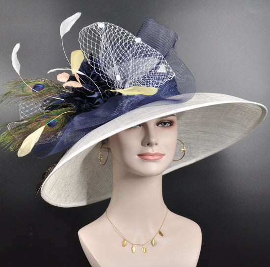 Church Kentucky Derby Hat Wide Brim Sinamay Hat  Carriage Tea Party Wedding  White with Navy Blue Peach Yellow Peacock Feathers